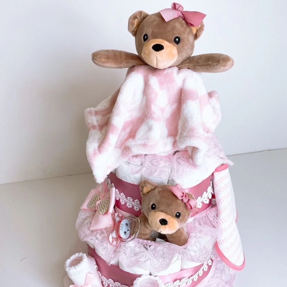 Teddy Bear Girl Diaper Cake